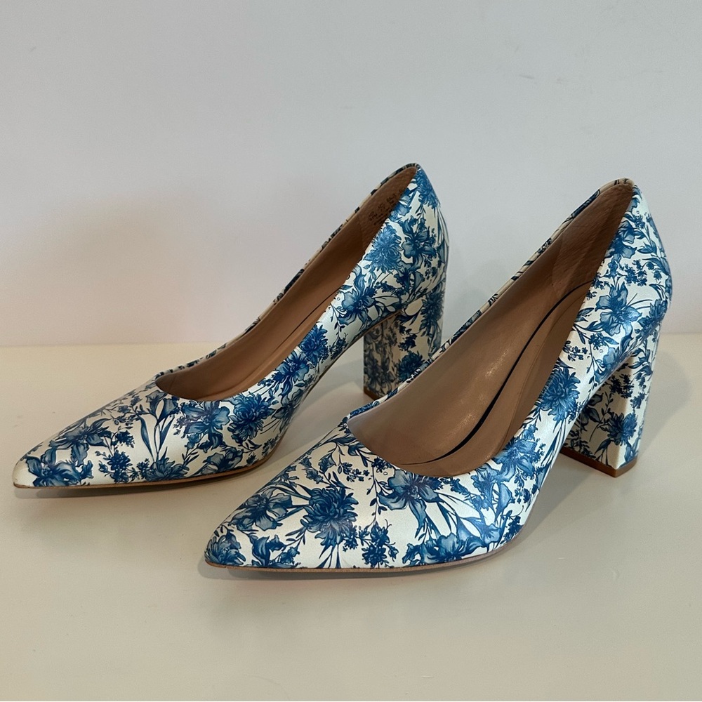 Blue and White Floral Block Heel Pumps, Size 9.5